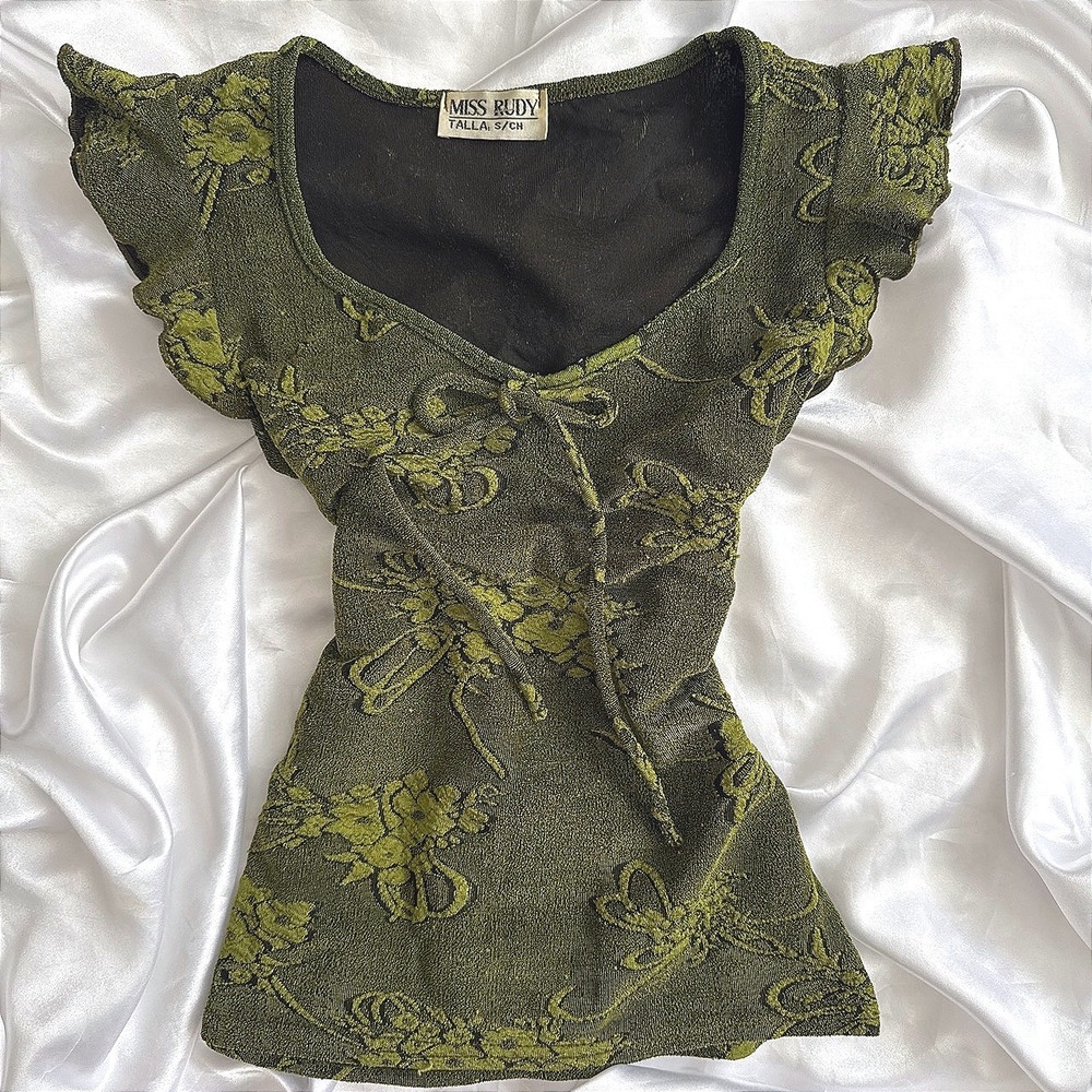 Miss Rudy Olive Green Floral Textured Ruffle Cap Sleeve Tie Front Top Small